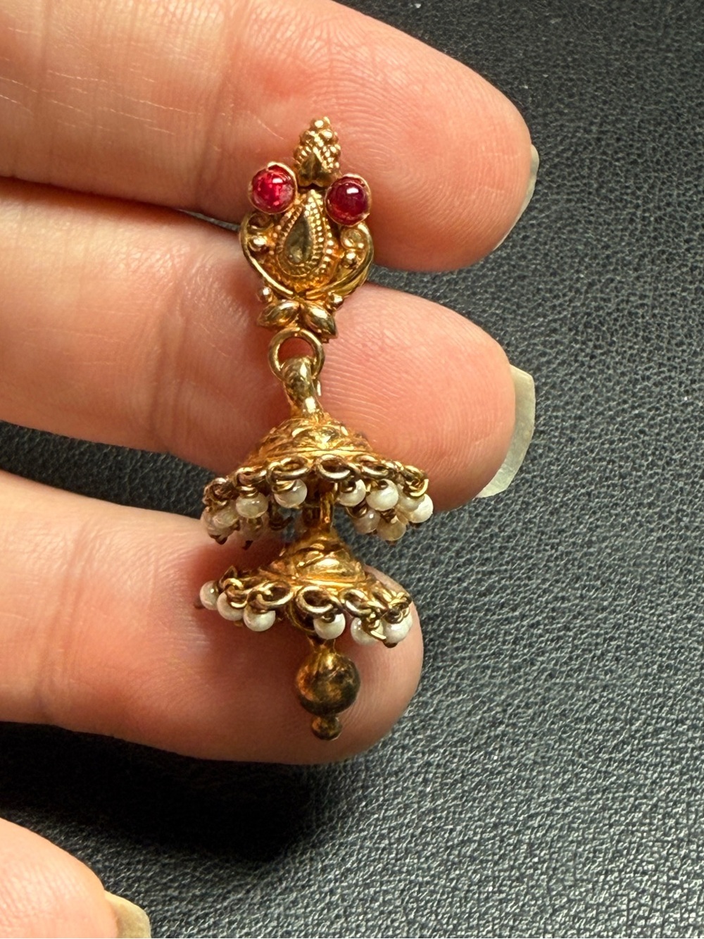 925 Sterling Silver 18k Gold Plated Natural Ruby Pearl Jhumka SINGLE EARRING